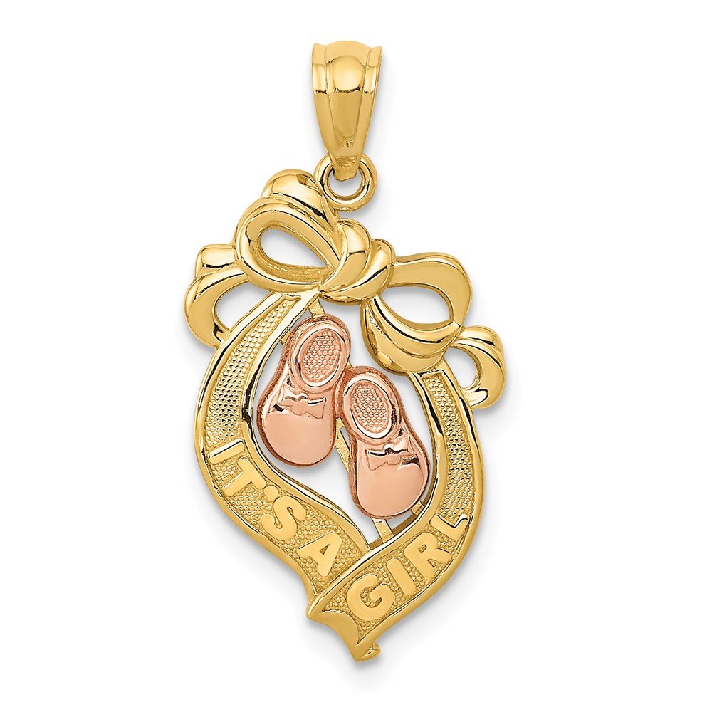 FB Jewels 14K Solid Yellow & Rose Gold 'It's A Girl' Bow Pendant Necklace - Perfect Baby Shower Gift & Newborn Celebration Jewelry