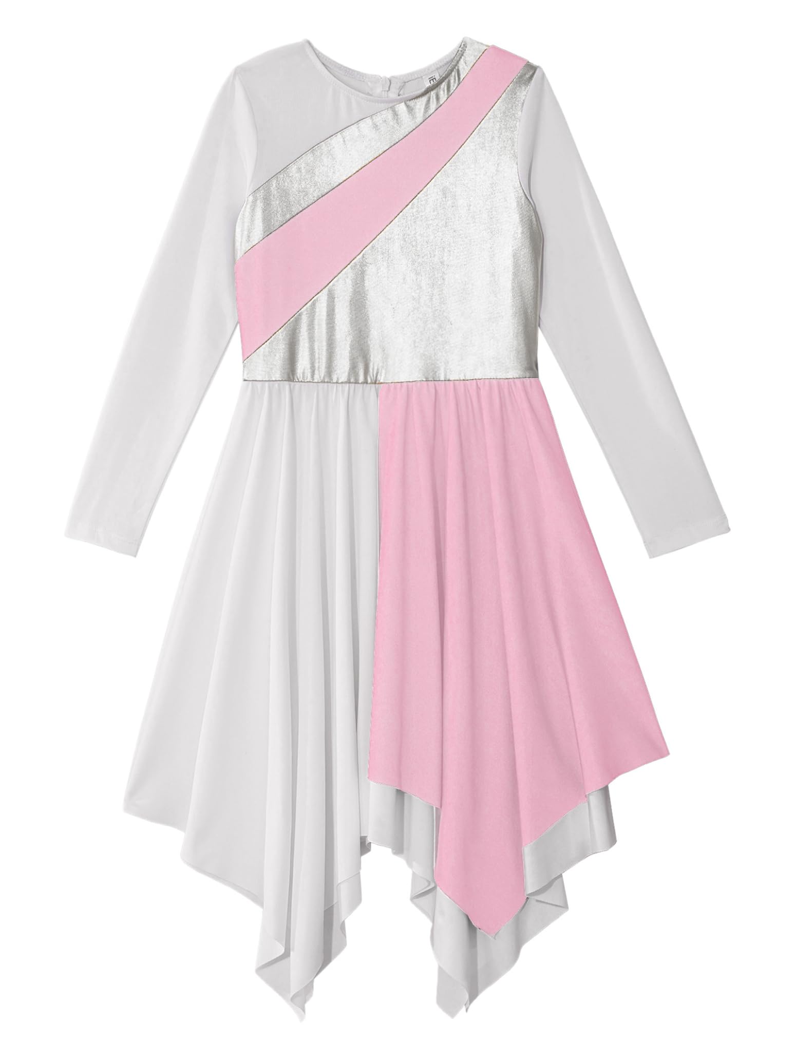 Girls Long Sleeve Metallic Praise Dance Dress - Liturgical Worship Costume with Asymmetrical Design for Church Performances & Sunday Services