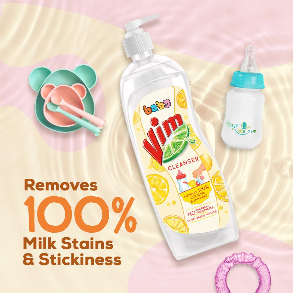 Vim Baby Dishwashing Liquid – Plant-Based Formula Removes 100% Milk Stains & Odors | Paraben & Phosphate Free | Safe for Baby Bottles & Utensils (500ml) – Gentle Cleaning for Infant Feeding Items