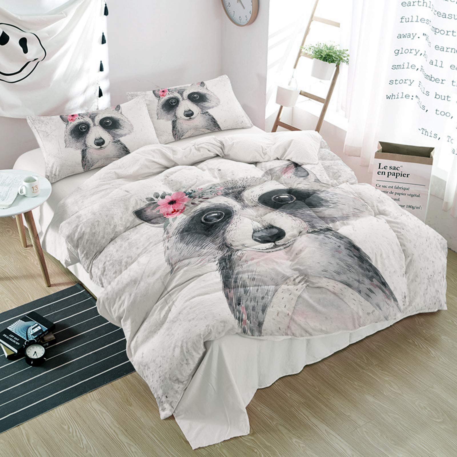 Possta Decor 3-Piece Raccoon Floral Duvet Cover Set - Soft Microfiber Quilt Cover & Pillowcases - Retro Animal Print Bedding for Twin Bed - All-Season Comfort for Kids' Room, Guest Bedroom & Cozy Home Decor