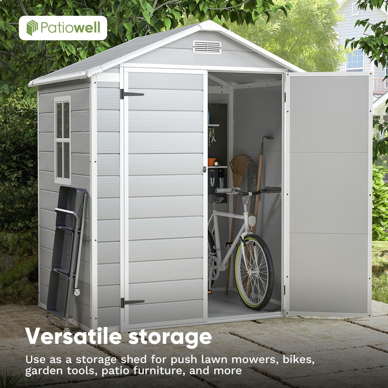 Patiowell 6x4 FT Plastic Outdoor Storage Shed - Waterproof Garden Shed for Patio Furniture, Lawn Mower, Bikes & Beach Chairs - Durable White & Grey Utility Shed for Backyard, Garage & Poolside Storage