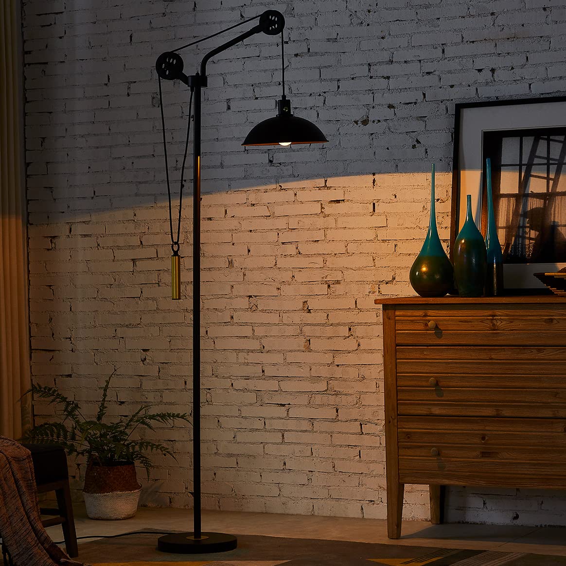 Dimmable Industrial Floor Lamp with Pulley System - Rustic Farmhouse Standing Lamp for Living Room, Bedroom & Office - Vintage Arched Pole Task Light in Deep Bronze - Perfect for Reading, Working & Home Decor