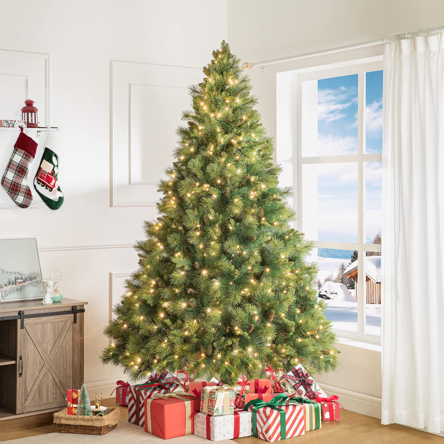 7.5ft Prelit Artificial Christmas Tree with Pine Cones & Foot Pedal - 1556 Branch Tips, 750 Warm White LED Lights & Sturdy Metal Stand - 61