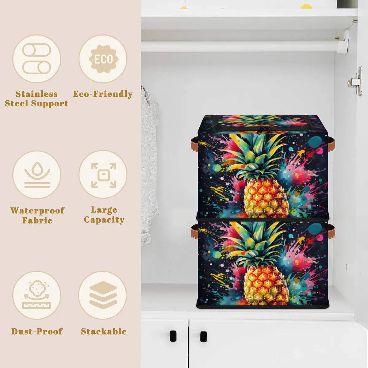 2 Pack Graffiti Pineapple Storage Bins with Zipper Lids & Sturdy Handles - Organize Clothes, Toys & Home Essentials - Perfect for Bedroom, Closet & Kids Room Organization