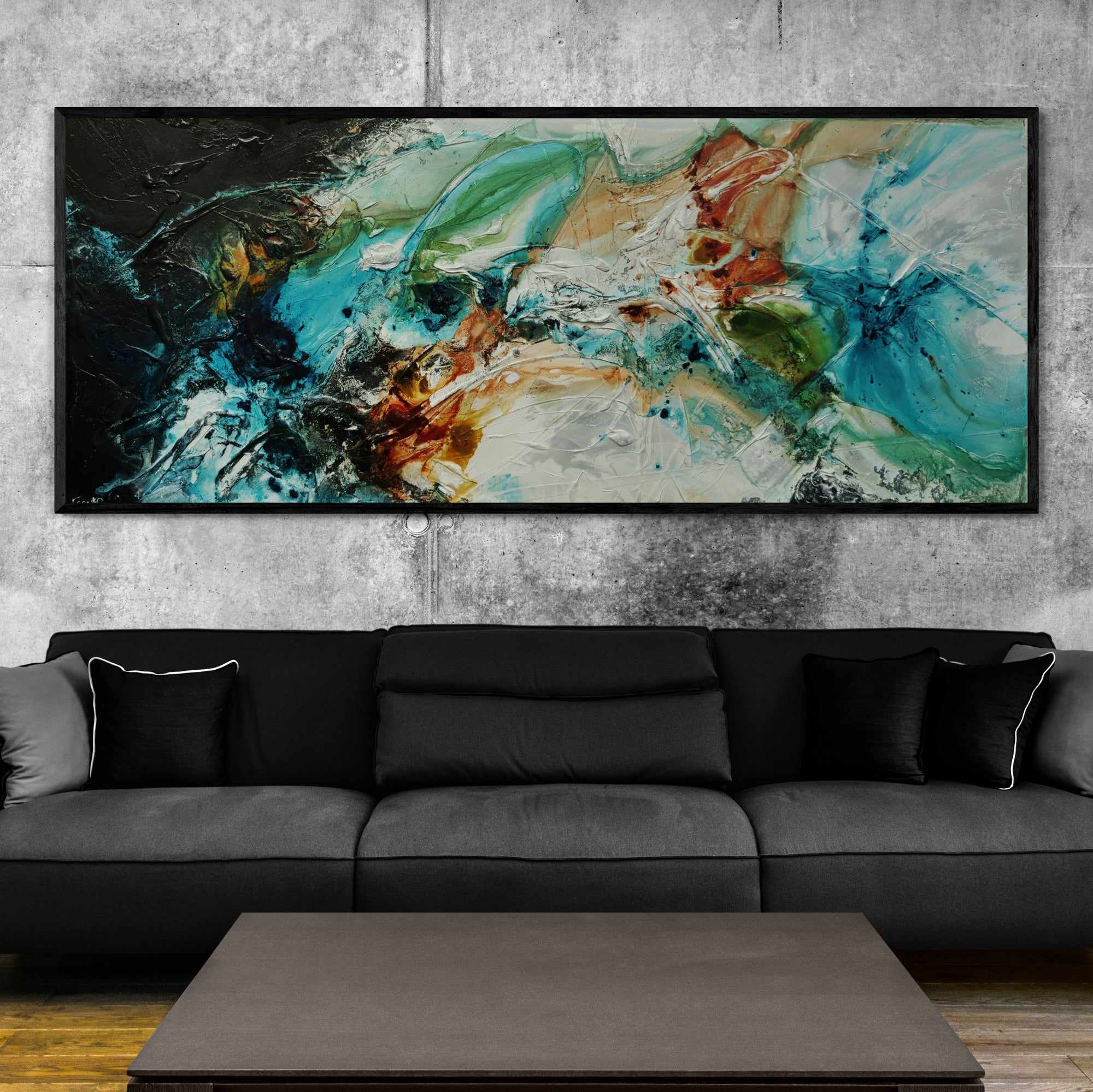 240cm x 100cm Black White Teal Textured Abstract Wall Art Painting - Modern Iron & Oxide Canvas for Living Room, Bedroom & Office Decor
