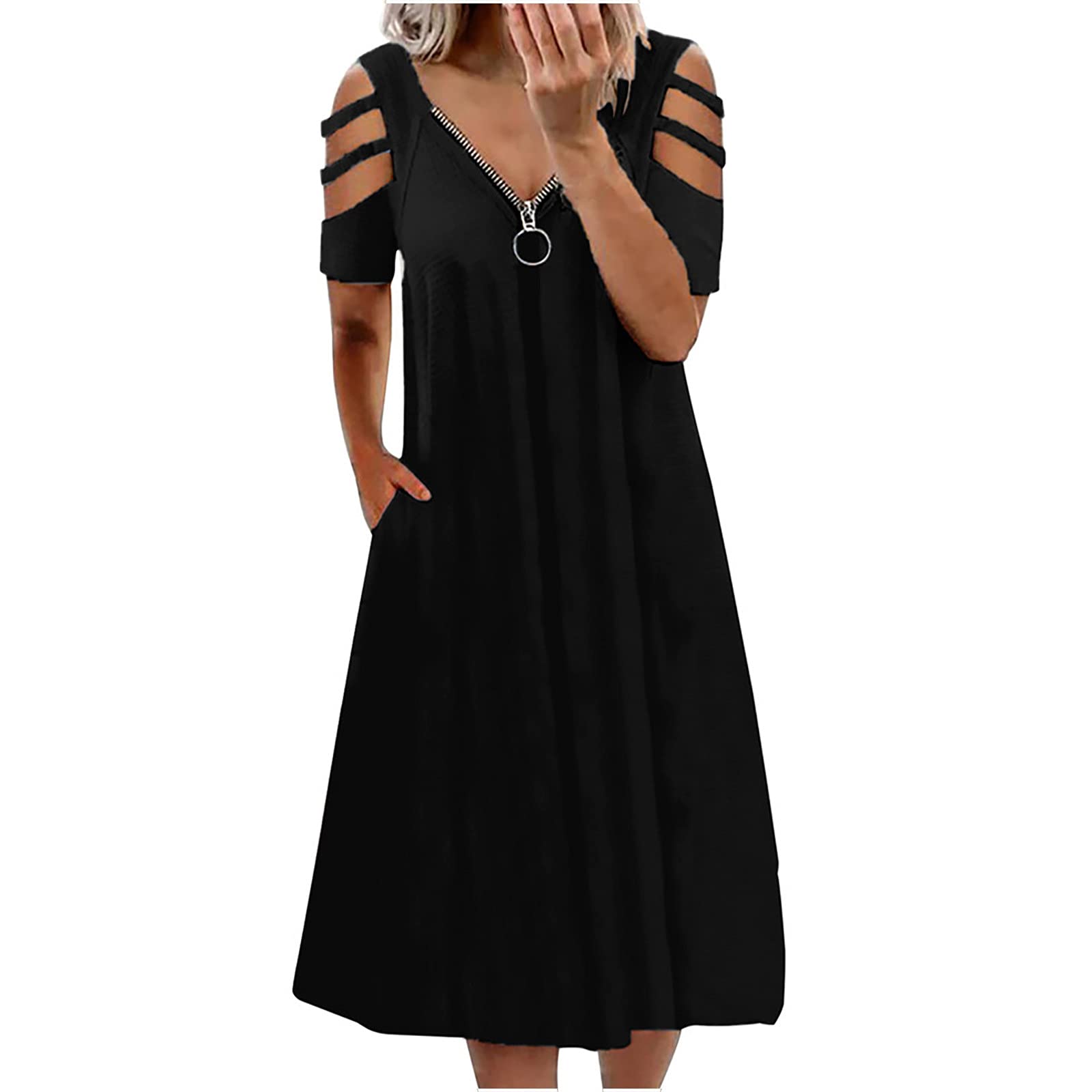 Women's Summer Casual Short Sleeve Dress - Solid Color Loose V-Neck Beach Dress with Hollow Out & Zipper Design | Perfect for Vacation, Beach Party, and Outdoor Activities