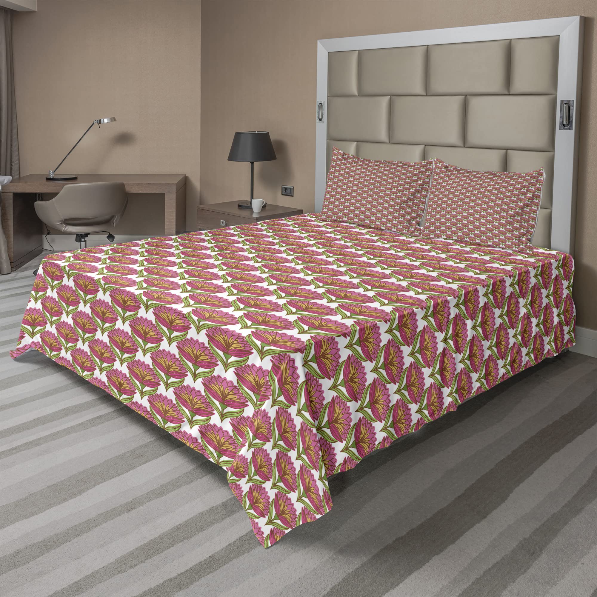 Ambesonne Floral King Sheet Set - 4 Piece Hand Drawn English Garden Flower Design Bedding with Fitted Sheet, Flat Sheet & Pillowcases - Pink Caramel for Master Bedroom, Guest Room & Home Decor