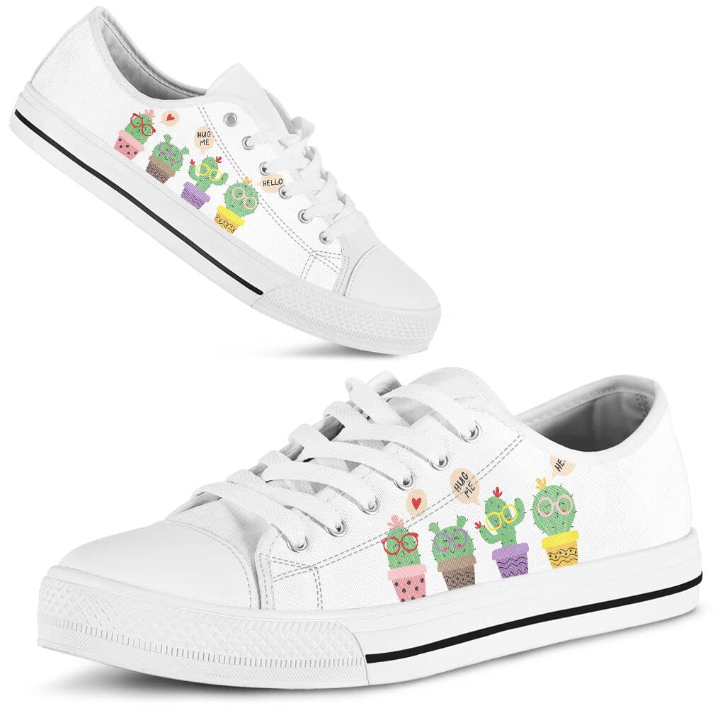 Cute Cactus Hug Me White Canvas Low Top Sneakers - Unisex Garden Plant Lover Shoes with Gift Box | Perfect for Casual Wear, Outdoor Activities & Japanese Culture Enthusiasts