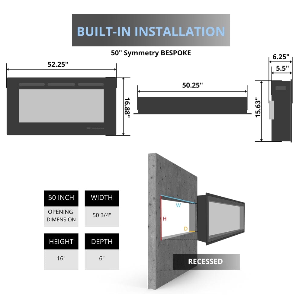 Amantii SYMMETRY Custom Built-In/Wall Mounted Smart Electric Fireplace with Realistic Flame & Bluetooth Sound System - Perfect for Living Room, Bedroom & Office Heating Solution