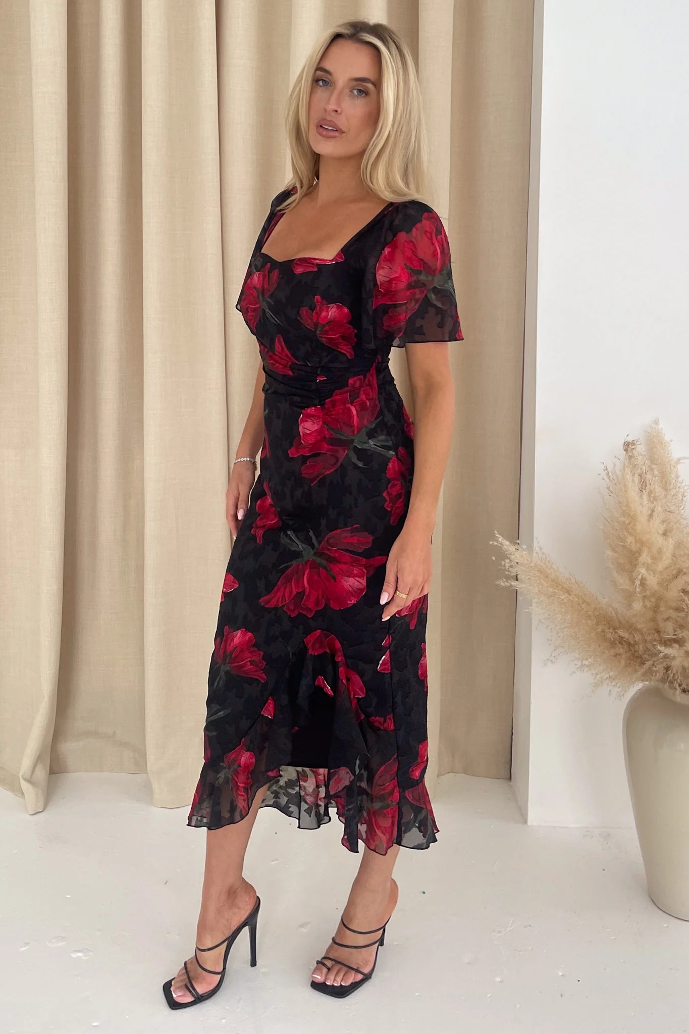 Heidi Ruched Midi Dress for Women - Floral Print Summer Dress in Black & Red | Perfect for Cocktail Parties, Date Nights & Beach Vacations