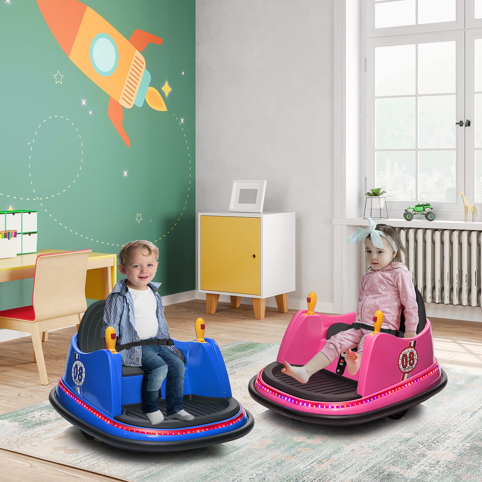 JOYMOR 6V Electric Bumper Car for Kids with Remote Control - 360° Spin, Flashing LED Lights, 2 Driving Modes, Music & Safety Belts | Perfect for Indoor/Outdoor Play, Birthday Gifts for Boys & Girls (Blue)