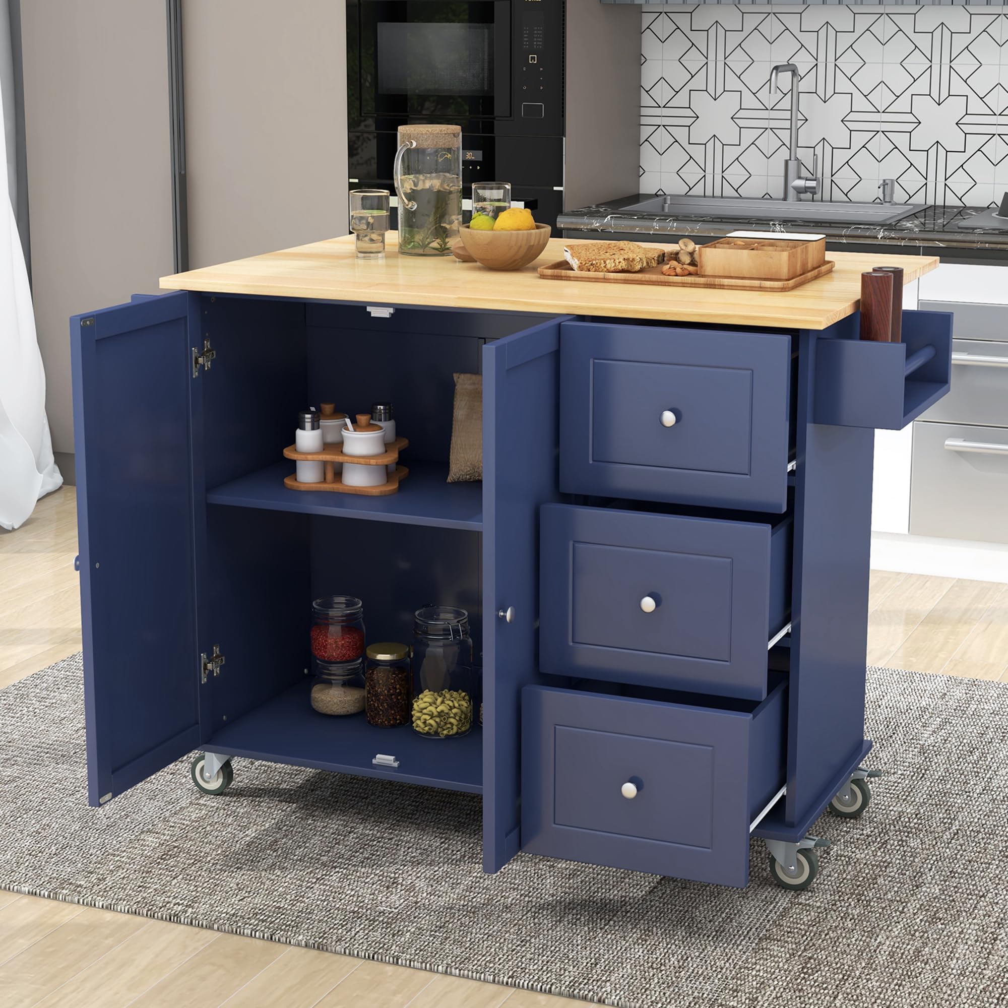 Mobile Kitchen Cart with Wood Top & Drop Leaf Breakfast Bar - 52.7