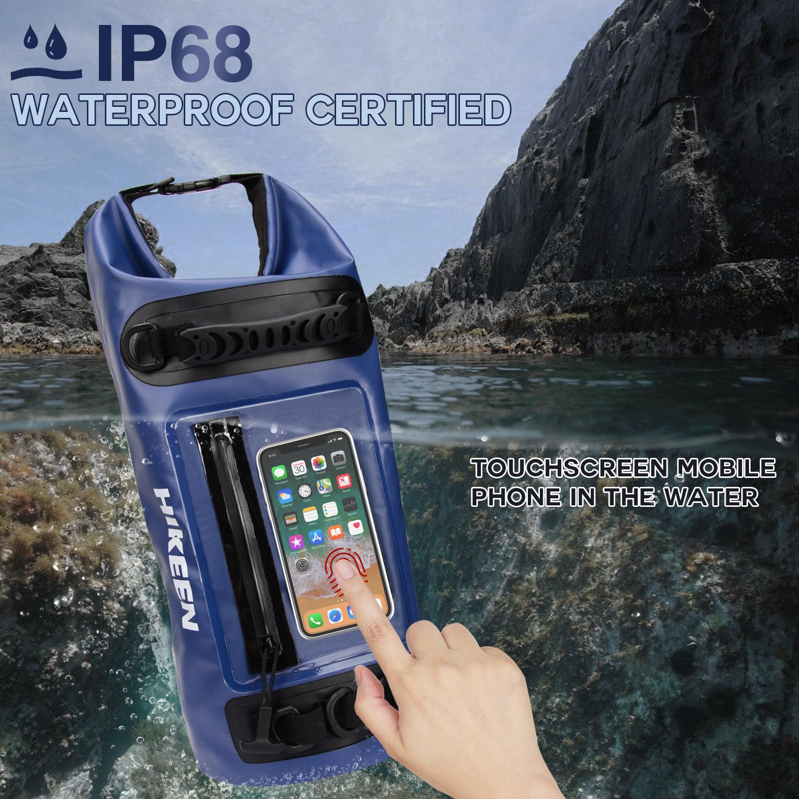 Hikeen IPX7 Waterproof Dry Bag 20L - Lightweight Roll Top Dry Backpack with Waterproof Zipper & Touch Screen Phone Case - Perfect for Kayaking, Boating, Camping, Beach & Rafting - Includes 3 D-Rings for Secure Gear Storage