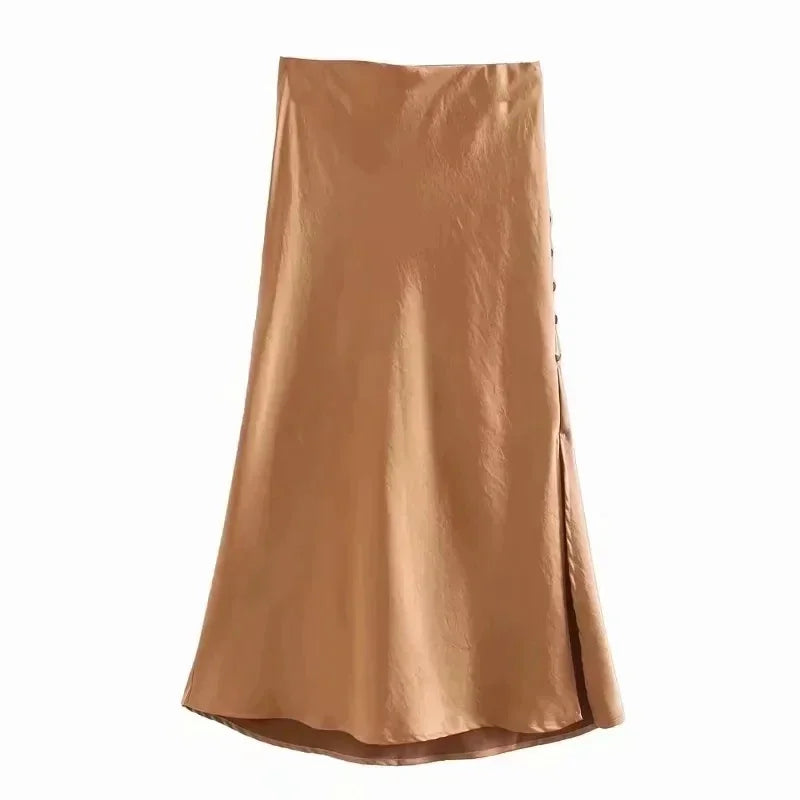 Foridol Women's High Waist Button Slit Midi Satin Skirt - Elegant A-Line Silk Skirt for Office & Autumn Wear | Perfect for Work, Date Night & Special Occasions