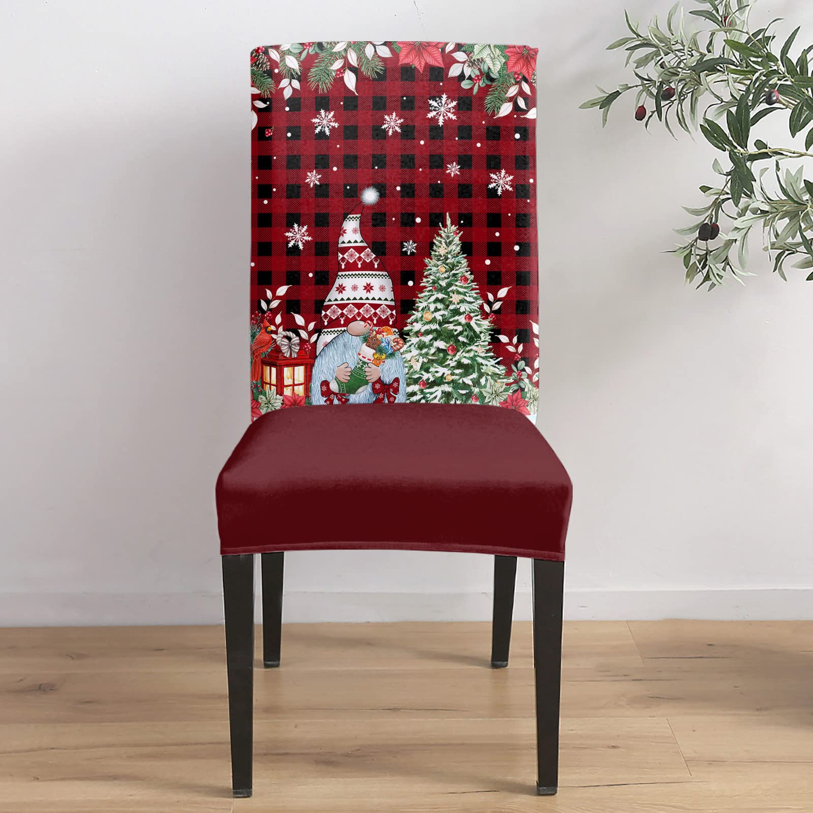 6-Piece Christmas Gnomes Stretch Chair Covers Set - Washable Red Plaid Slipcovers with Xmas Tree, Poinsettia & Snowflake Designs for Dining Room, Kitchen, Hotel & Restaurant - Perfect for Holiday Decor & Party Setup
