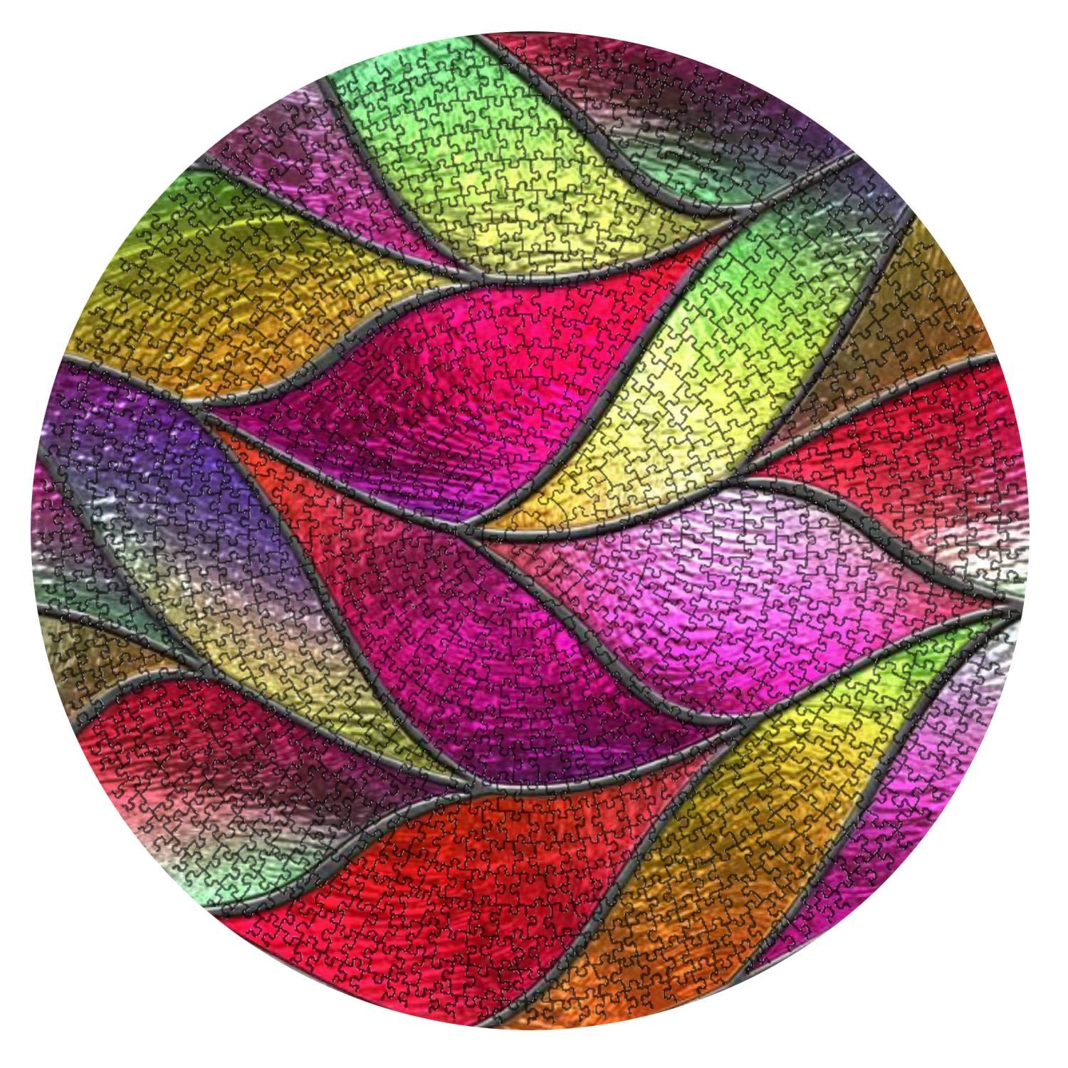 1000-Piece Round Wooden Jigsaw Puzzle - Stained Glass Seamless Texture with Ocean Wave Pattern - Challenging Adult & Kids Puzzle - DIY Educational Toy - Home Decor Gift for Christmas, Birthday & Party Games (Perfect for Family Game Night & Stress Relief)