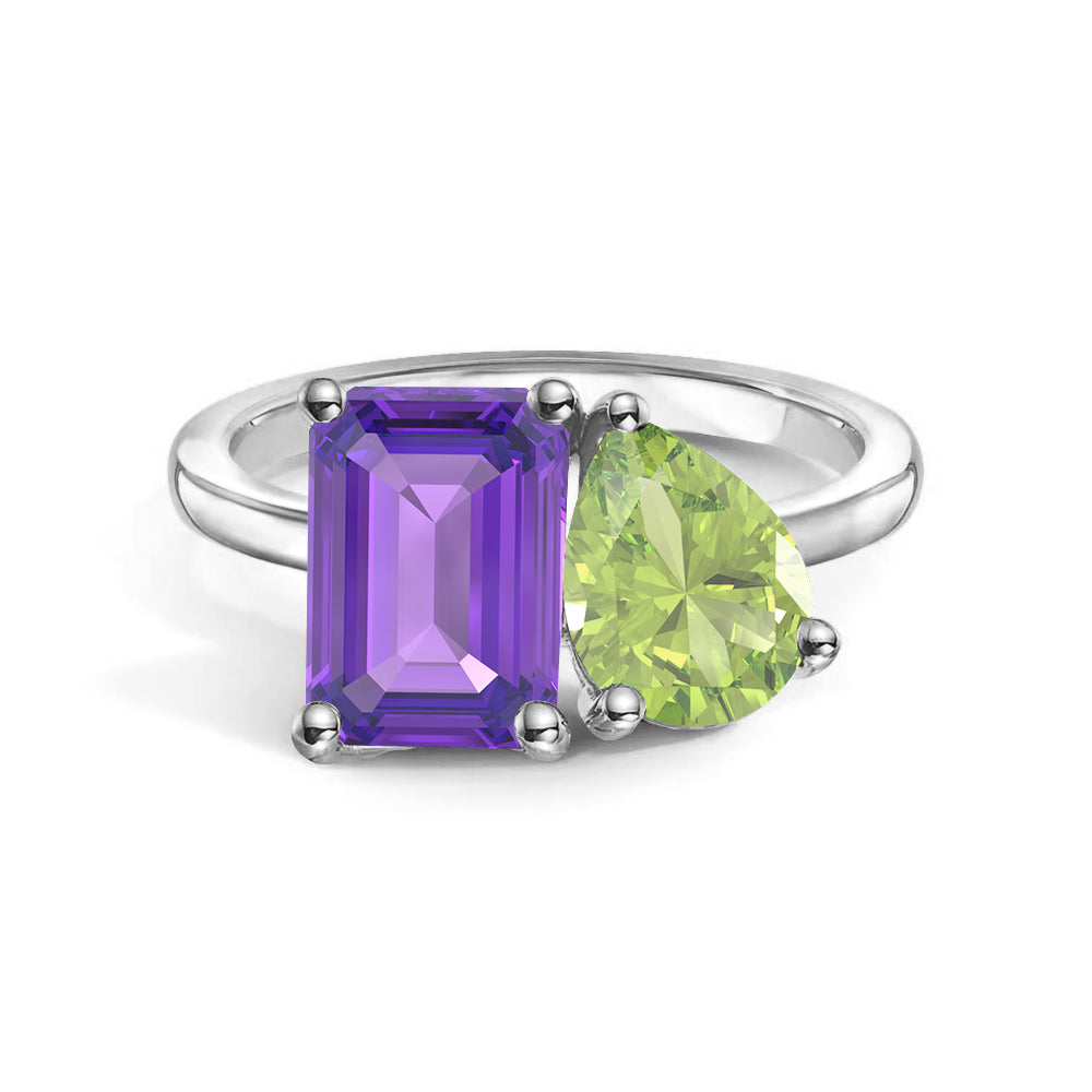 Personalized Toi et Moi Amethyst Birthstone Ring - Custom Anniversary Jewelry for Couples, Gift for Her, Romantic Proposal & Wedding Band