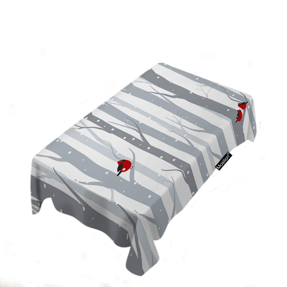 Red Cardinal Bird on Birch Branch Winter Forest Snow Nature Design Polyester Rectangle Tablecloth - 52x70 Inch for Kitchen, Picnic, BBQ, and Outdoor Dining | Perfect for Holiday Decorations and Seasonal Gatherings
