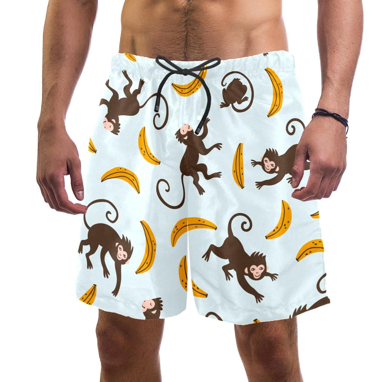 Wanlipous Cute Monkey Banana Print Men's Quick Dry Swim Trunks - Lightweight Polyester Beach Shorts for Swimming, Surfing & Summer Vacation