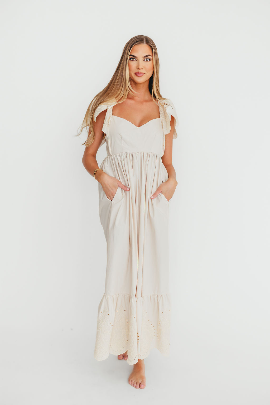 Brooklyn 100% Cotton Eyelet Detail Maxi Dress in Natural - Flowy Summer Dress for Beach, Wedding & Casual Wear | Breathable & Comfortable Women's Fashion