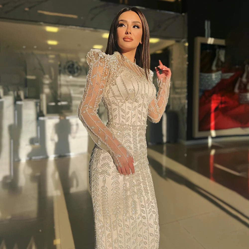 Elegant Dubai Pink Mermaid Evening Gown with Pearl Beading - Arabic Formal Dress for Women - Perfect for Weddings, Galas & Special Occasions - LA72826