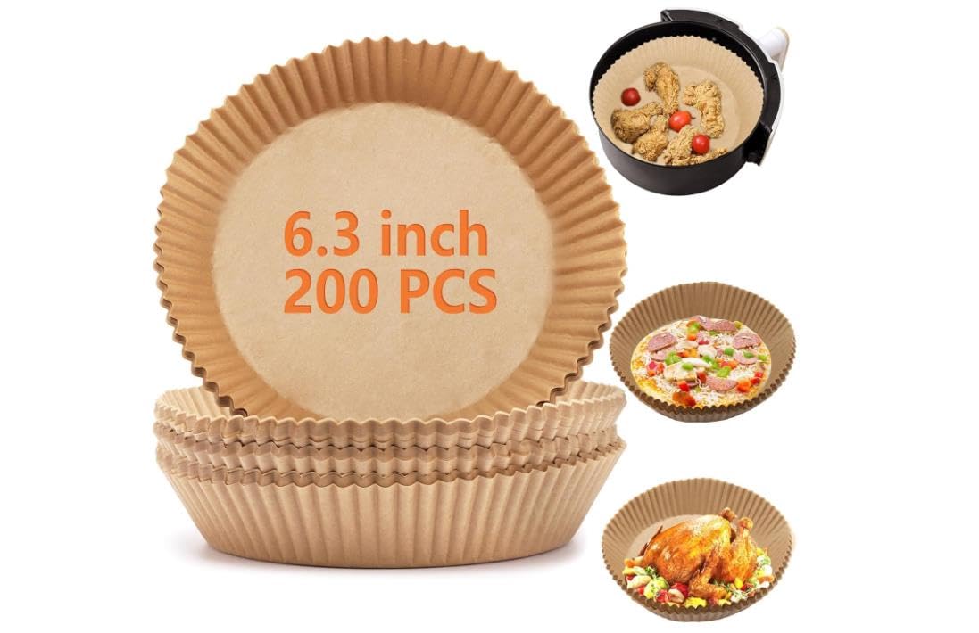 200Pcs Air Fryer Disposable Paper Liners - 6.3 Inch Round Non-Stick Parchment Baking Sheets for Air Fryer, Oven & Microwave | Perfect for Healthy Cooking, Roasting Vegetables & Reheating Leftovers