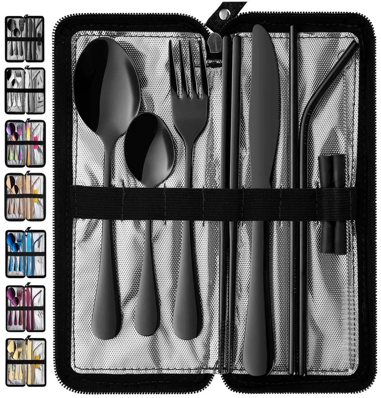 Portable Travel Utensil Set - 9-Piece Stainless Steel Cutlery with Carrying Case | Reusable Camping, Picnic & Outdoor Dining Silverware | Eco-Friendly Flatware for Hiking, Office & Travel (Black)