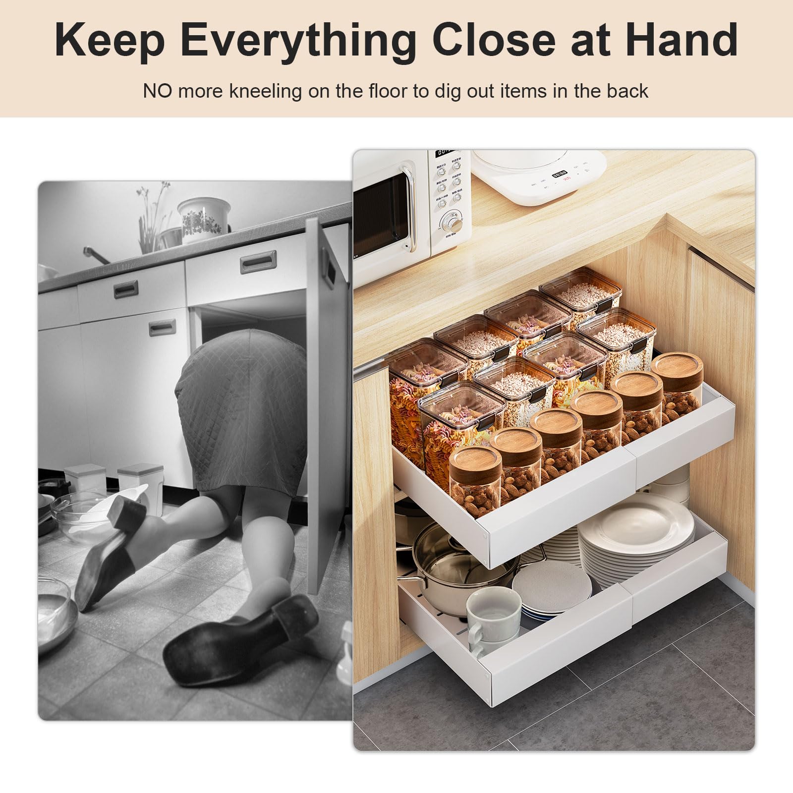 Expandable Pull Out Cabinet Organizer - 2 Pack Heavy Duty Adhesive Slide Out Drawers for Kitchen, Pantry & Bathroom Storage | Space Saving Sliding Shelves for Cabinets (Not for Cabinets with Lips) | Perfect for Organizing Spices, Utensils & Toiletries
