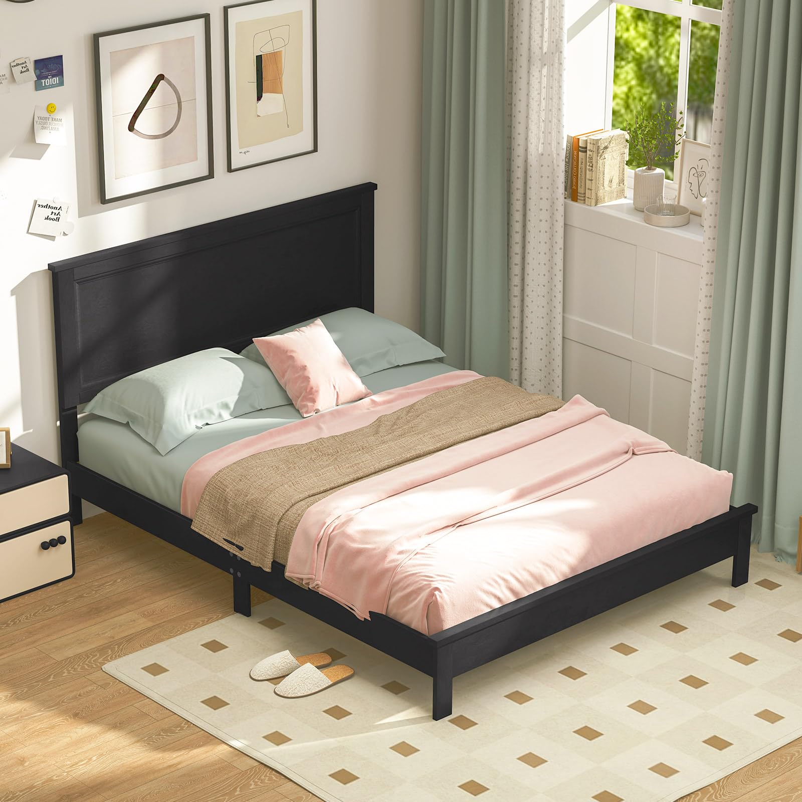 Giantex Queen Size Wooden Platform Bed Frame with Headboard - Mid Century Modern Solid Wood Legs & Wooden Slat Support - Easy Assembly 500 lbs Weight Capacity - Black Bed Frame for Bedroom, Guest Room, Dorm