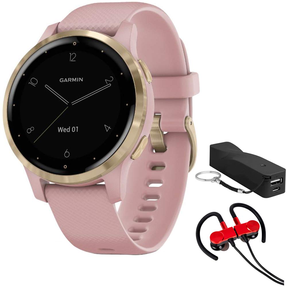 Garmin Vivoactive 4S Smartwatch - 010-02172-31 Dust Rose/Gold | Includes Deco Gear Wireless Sport Earbuds, Carrying Case & Voltix Portable Charger | Fitness Tracker for Running, Swimming & Daily Activity Tracking