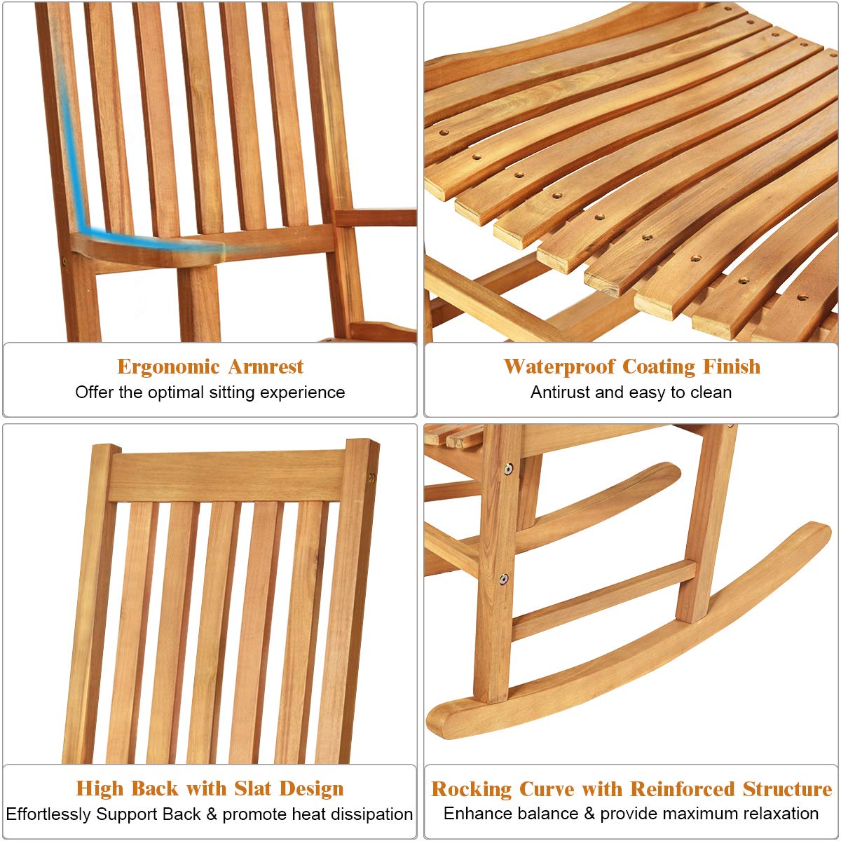 Tangkula Acacia Wood Porch Rocking Chair Set - 2-Piece High Back Wooden Rocker with Armrests for Indoor & Outdoor Use - Perfect for Patio, Garden, Lawn, Balcony, Backyard, and Poolside Relaxation (Teak Finish)