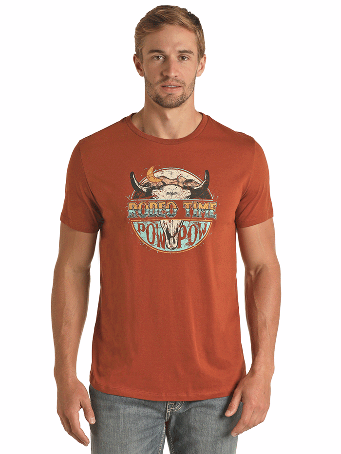 Dale Brisby Rodeo Time Vintage Rock & Roll Denim Tee Shirt for Men - Rust Color Western Cowboy Style Shirt for Rodeo, Concert & Casual Wear