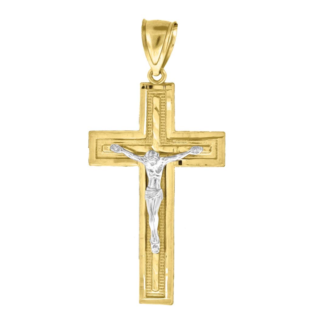 10K Two-Tone Gold Sparkle Cut Crucifix Cross Pendant Necklace for Men & Women - 55x26.70mm Religious Jewelry - Perfect for Gifts, Church, Weddings & Everyday Wear