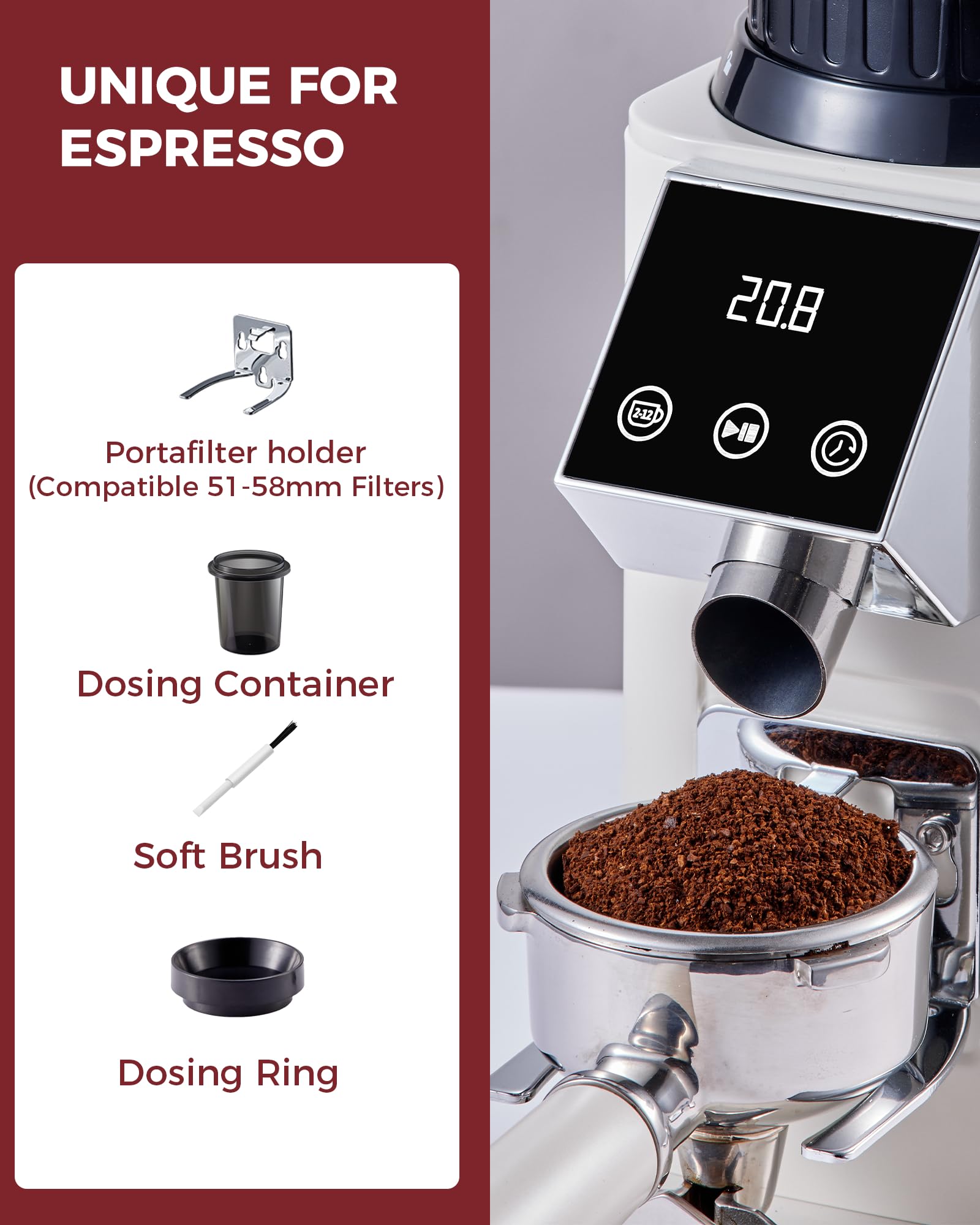 Premium Tuni G1 Conical Burr Coffee Grinder - 48 Adjustable Grind Settings, Anti-Static Technology, Precision Timer & LED Touchscreen - Perfect for Espresso, Drip, Cold Brew & French Press - Stainless Steel & Ivory Design - Ideal for Home Baristas & Coffee Enthusiasts