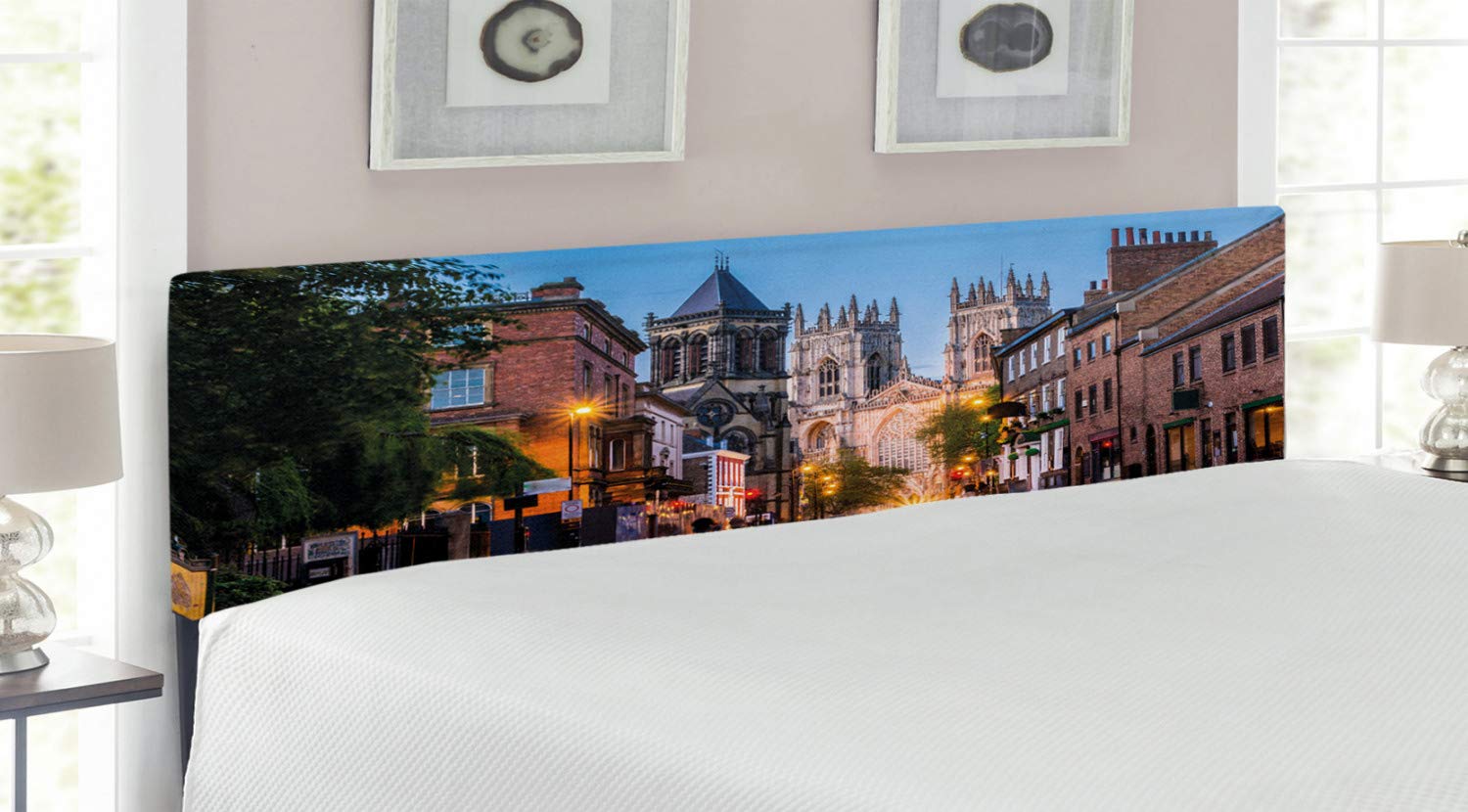 Ambesonne Gothic King Size Headboard - York Minster Evening Cityscape Upholstered Metal Bed Frame with Memory Foam | Historical England Landmark Design | Perfect for Gothic Bedroom Decor & Victorian Style Home Interiors