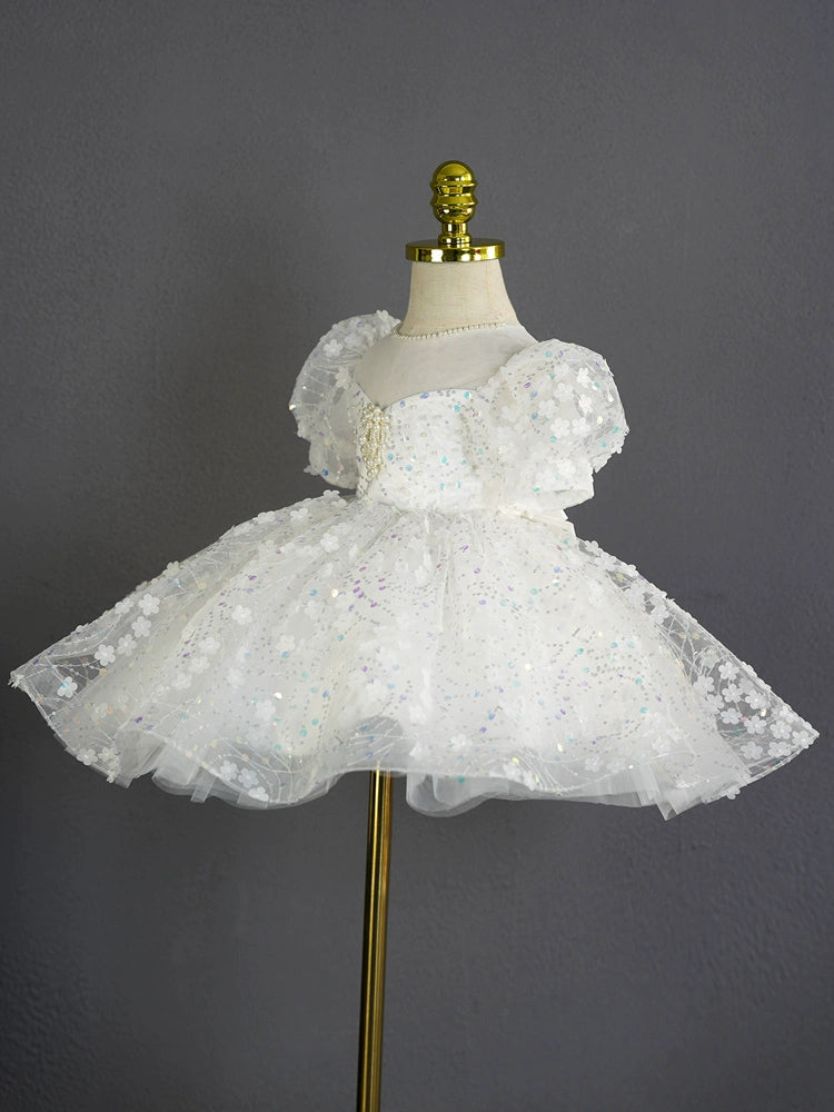 White Princess Sweetheart Tea-Length Tulle Flower Girl Dress for Weddings, First Communion & Special Occasions