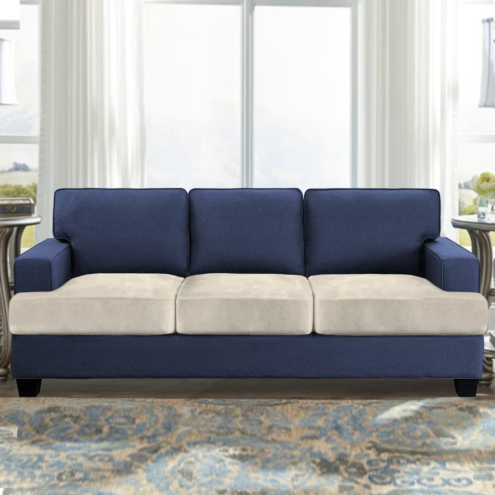 Stretch Velvet Sofa Slipcover Set - 3 Piece Elastic Couch Covers for 3-Seat Sofa, Soft Thickened Velvet Fabric, Ivory - Perfect for Living Room, Sectional, and Home Decor Protection