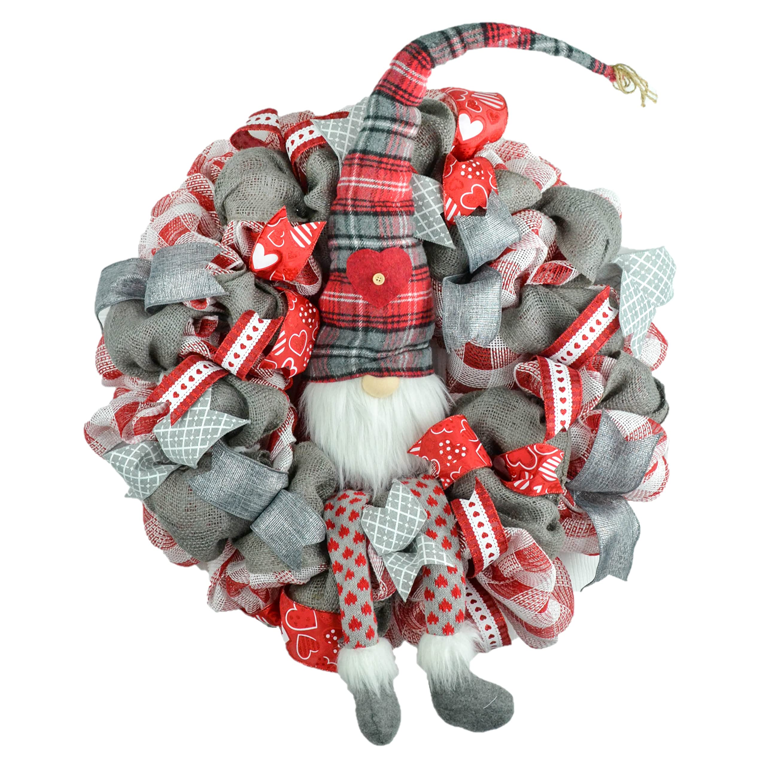 Valentine's Day Wreath - Gnome Stuffed Heart Decor - Burlap & Mesh Door Wreath with Floral Accents in Red, Black & White - Perfect for Front Door, Fireplace & Holiday Home Decor