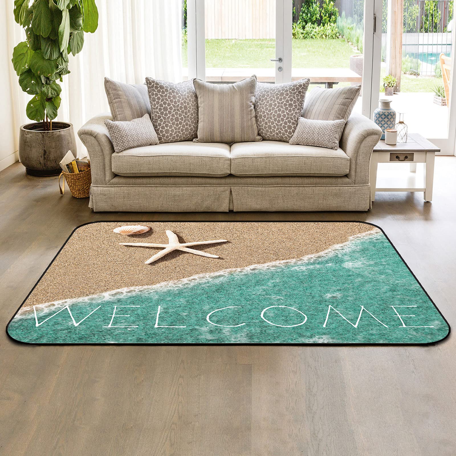 5'x7' Modern Large Area Rugs - Water Green Ocean Themed Nursery Carpet with Starfish & Shells Design, Soft Indoor/Outdoor Throw Rug for Living Room, Bedroom, Kids Room & Beach House Decor