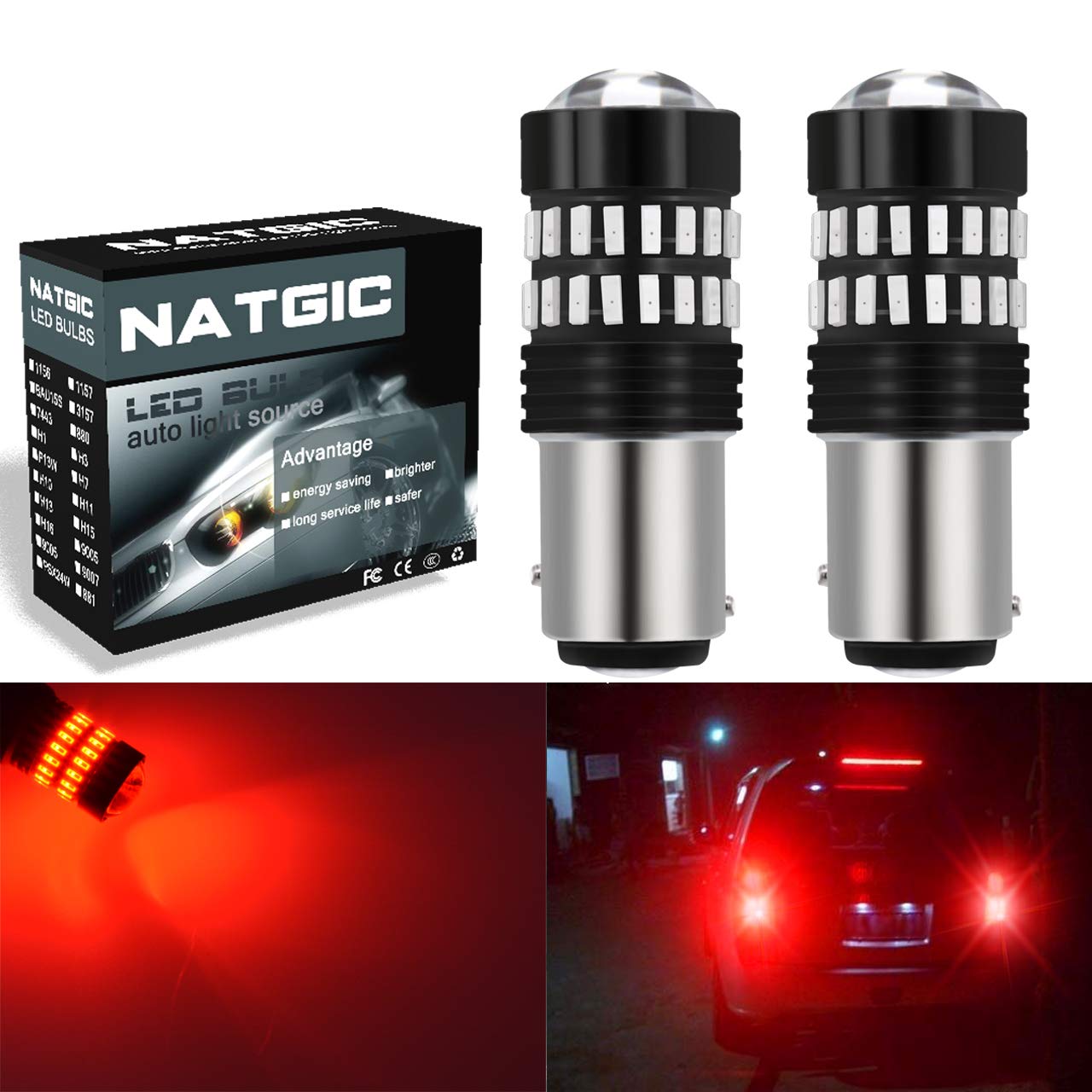 1157 BAY15D 1034 7528 LED Bulbs 2400LM 48-SMD 4014 LED Chipsets with Lens Projector - Bright Red Backup Reverse Lights, Tail Lights, Brake Lights for Cars, Trucks, SUVs, Vans, Motorcycles