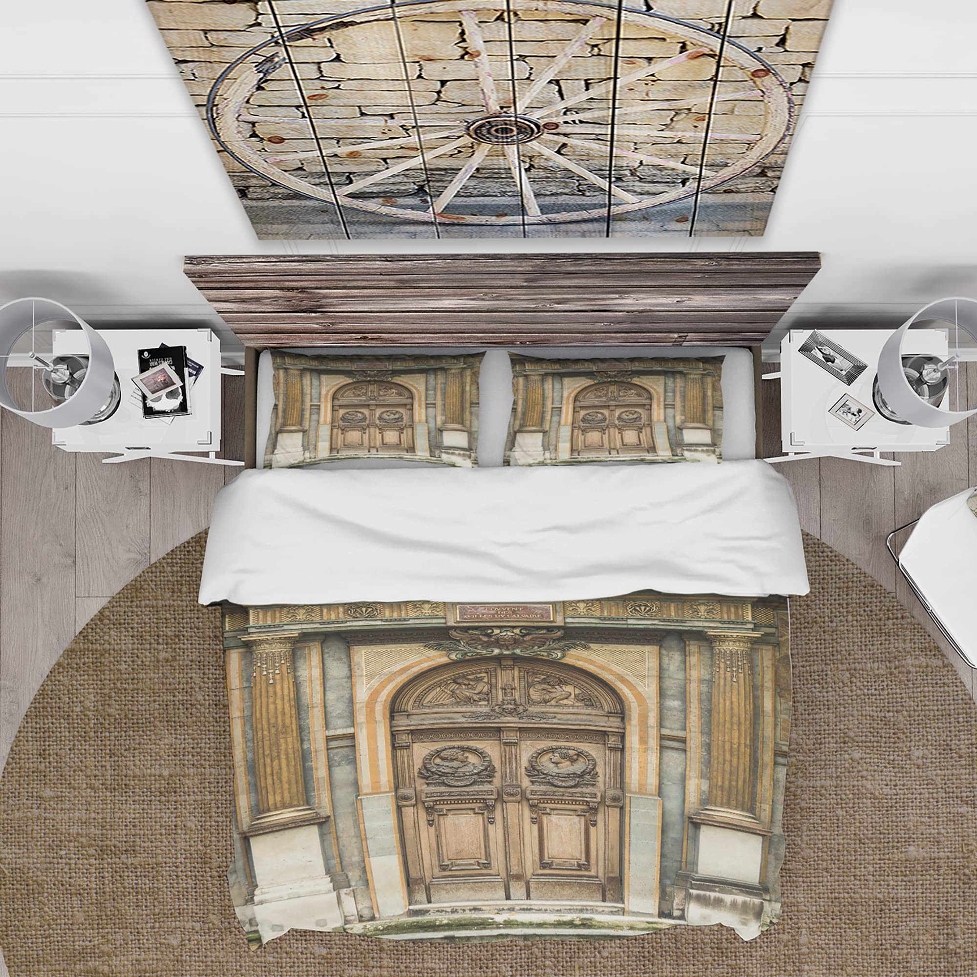 Vintage Carved Wooden Door Duvet Cover Set King - Parisian Traditional Bedding for All Seasons