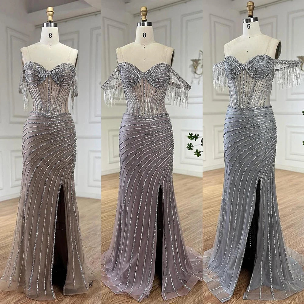 Elegant Silver Nude Beaded Tassel Boat Neck Mermaid Evening Gown with High Slit - Perfect for Prom, Gala & Formal Events LA72391
