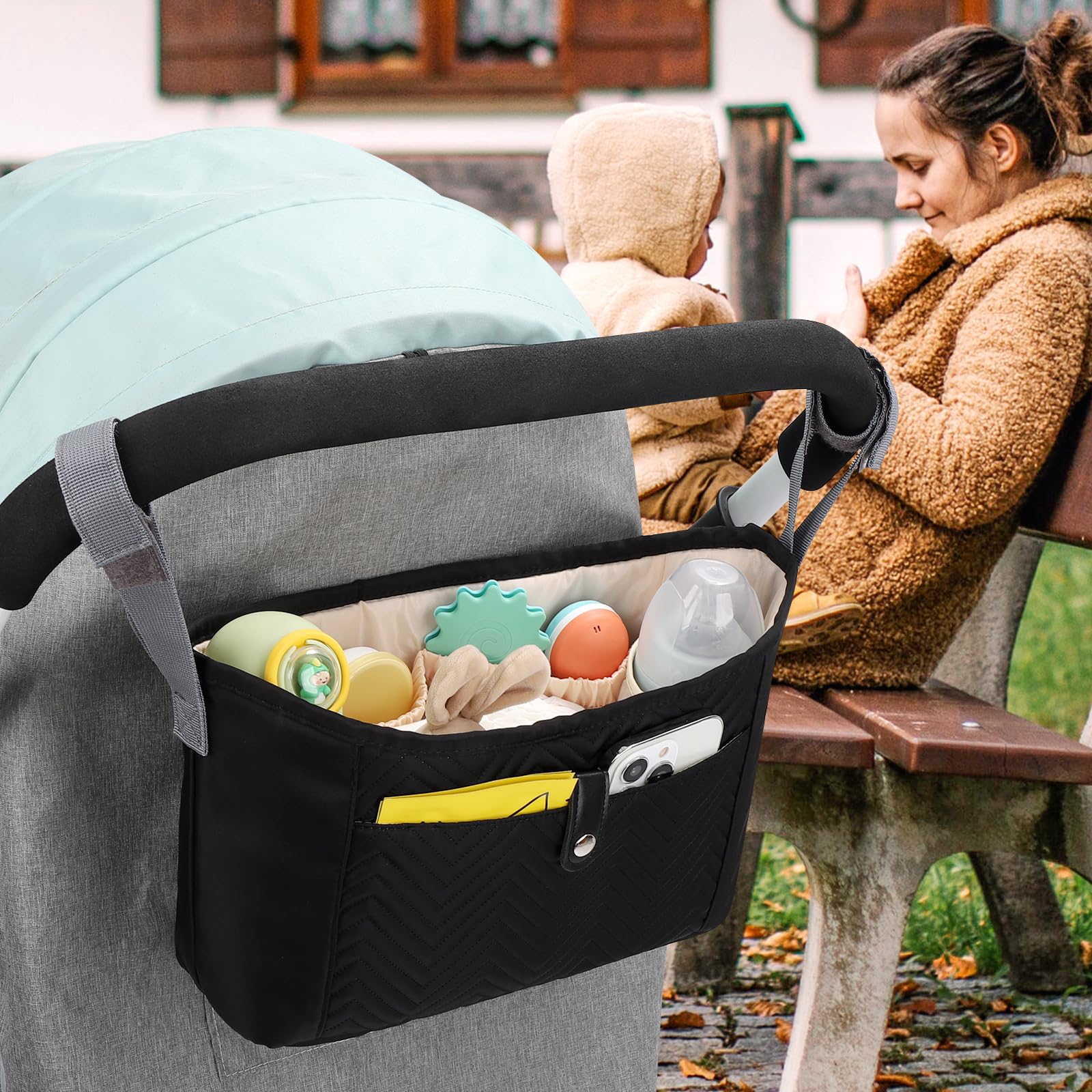 **Accmor Universal Stroller Organizer - Black Stroller Caddy Bag with Large Storage Pockets, Fits Uppababy, Baby Jogger, Nuna, Doona & Britax Strollers - Perfect for Diapers, Bottles & Toys On-The-Go**