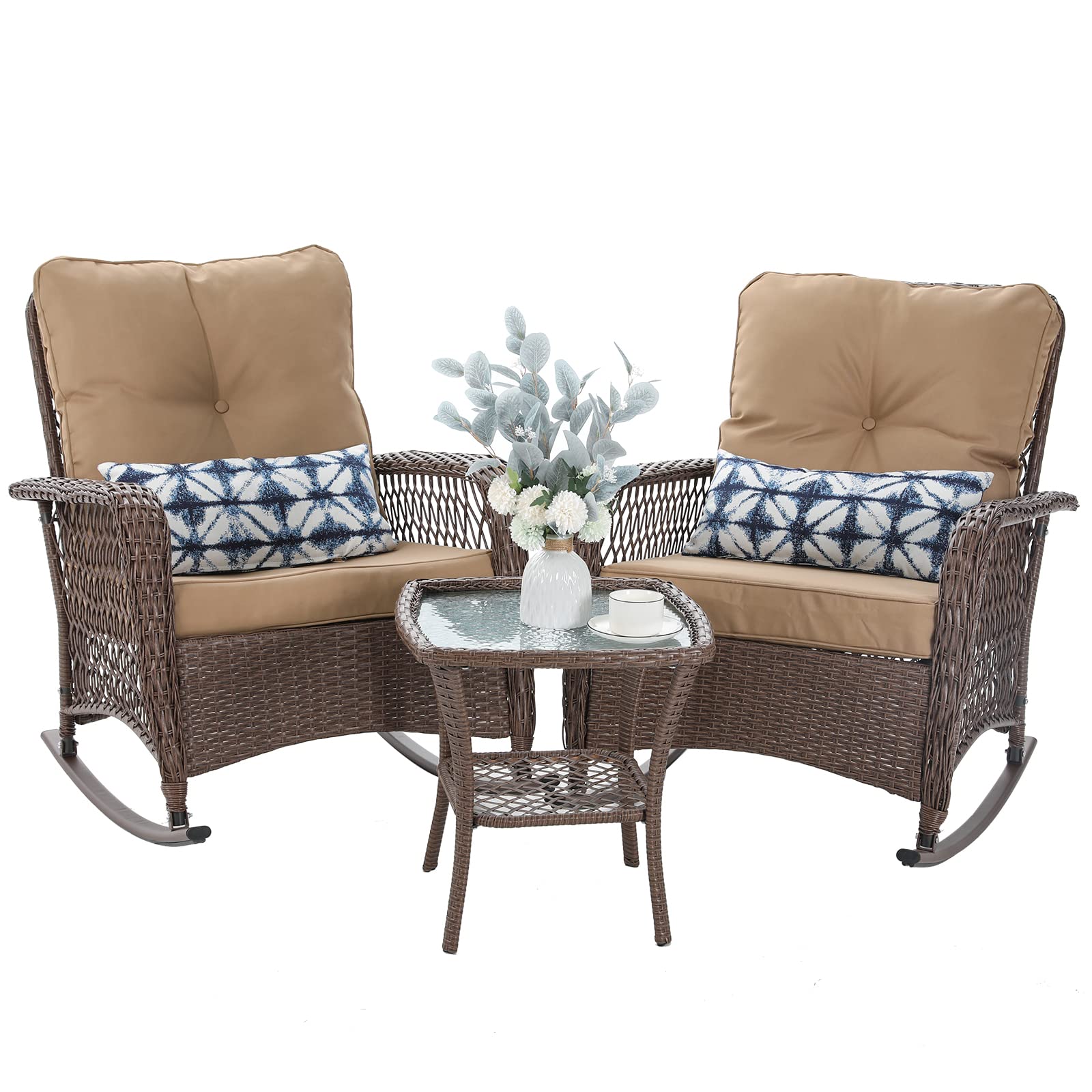 3-Piece Patio Furniture Set - Wicker Rocking Bistro Set with Thick Cushions, Outdoor Rocking Chairs & Coffee Table for Porch, Backyard or Garden (Khaki) | Perfect for Relaxing, Entertaining & Outdoor Dining