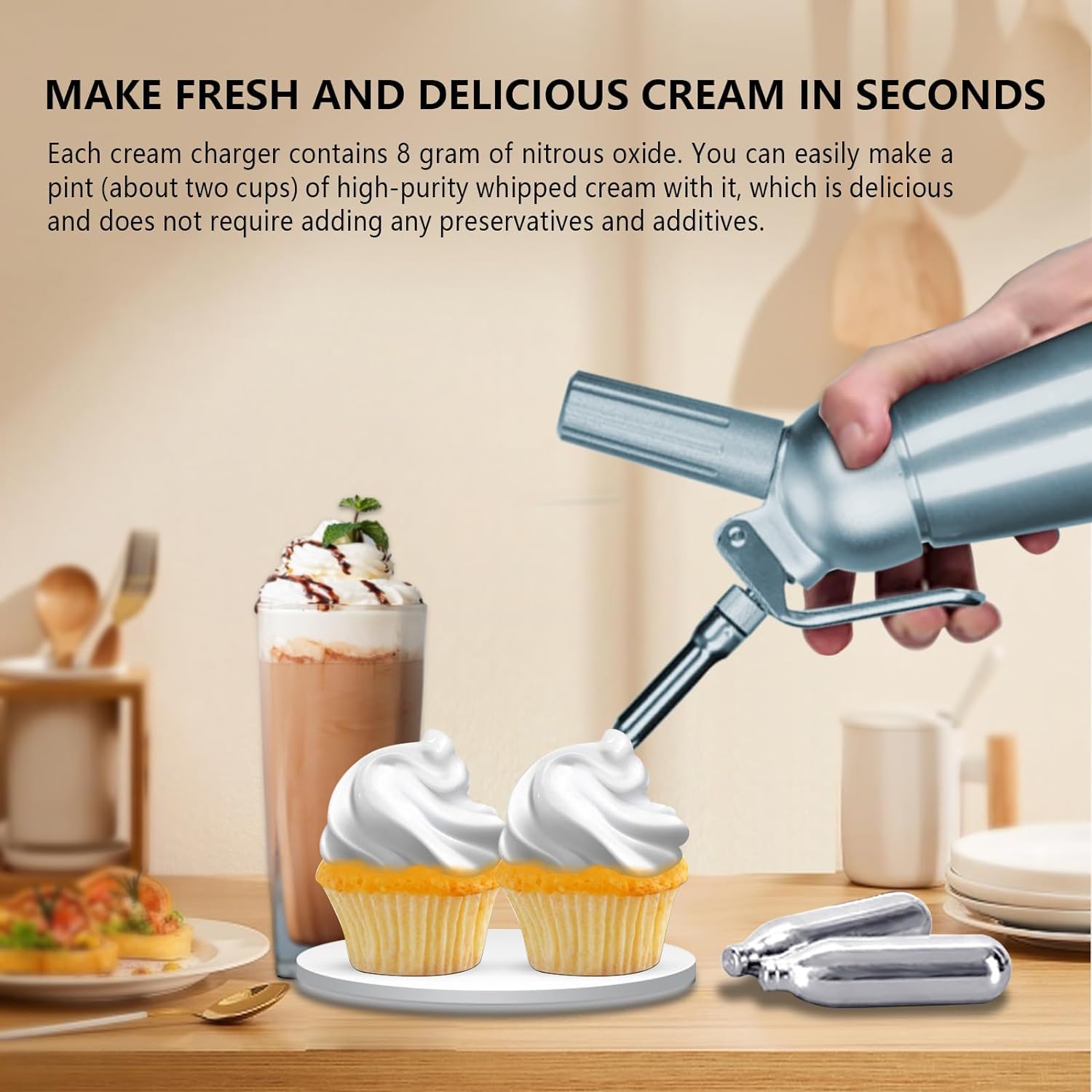 Premium 8g Nitrous Oxide Whipped Cream Chargers - 50-Pack for Professional Desserts & Cocktails | N2O Cartridges for Cream Dispensers, Baking & Catering Use