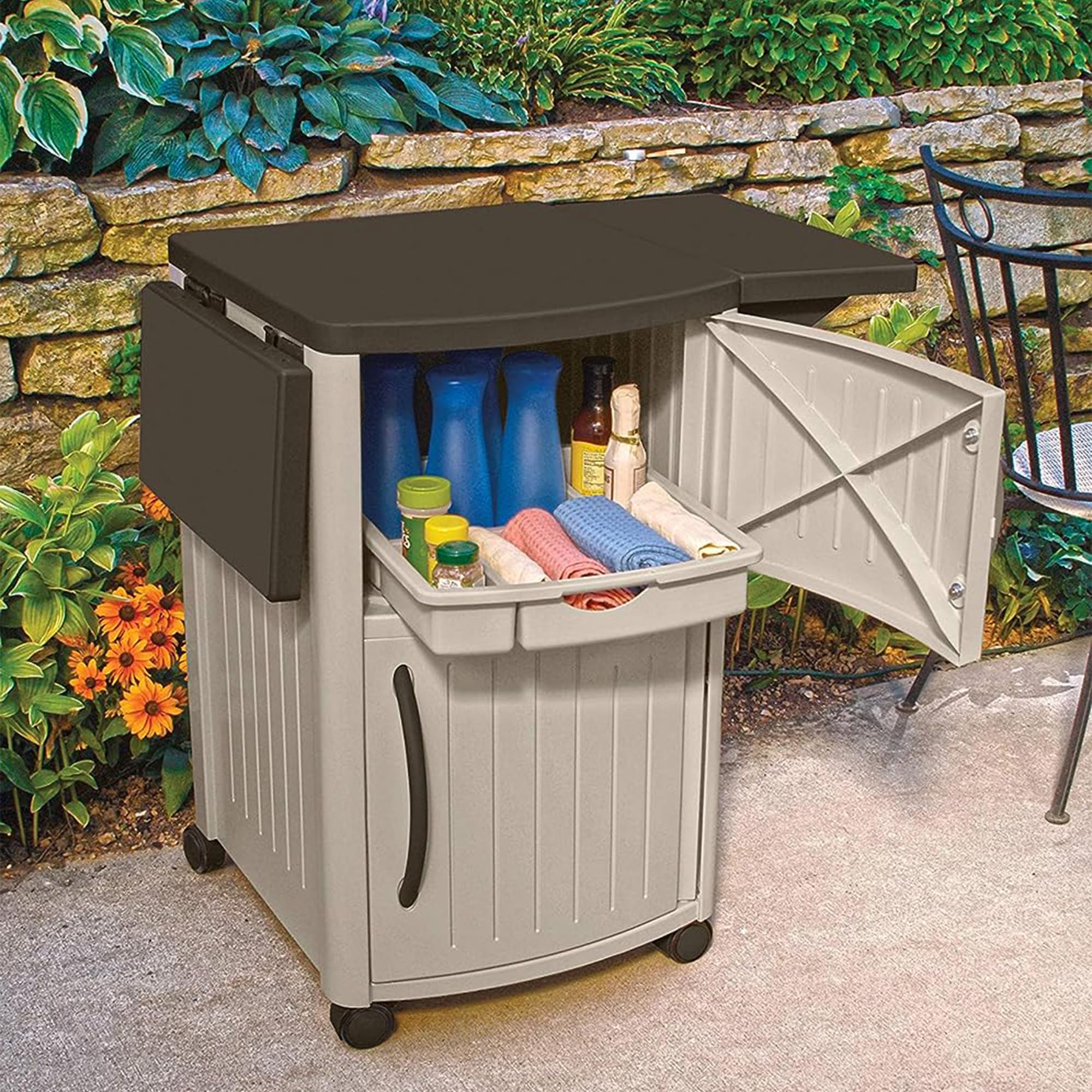 Suncast Outdoor Patio Grill Prep Station Cart with 2 Storage Cabinets - Light Taupe/Mocha - Perfect for Backyard BBQs, Outdoor Cooking & Patio Organization