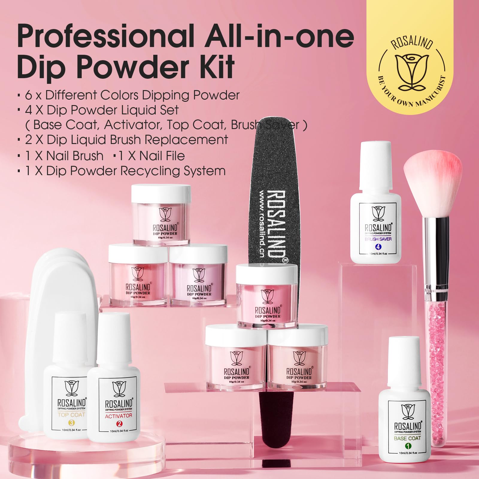 ROSALIND 13PCS Dip Powder Nail Kit - Summer Spring Clear Jelly Pink Translucent Dip Nails Powder Starter Kit with 6 Colors, Base Top Coat, Activator & Brush Saver | DIY Manicure at Home, Salon Quality Nails for Parties & Special Occasions