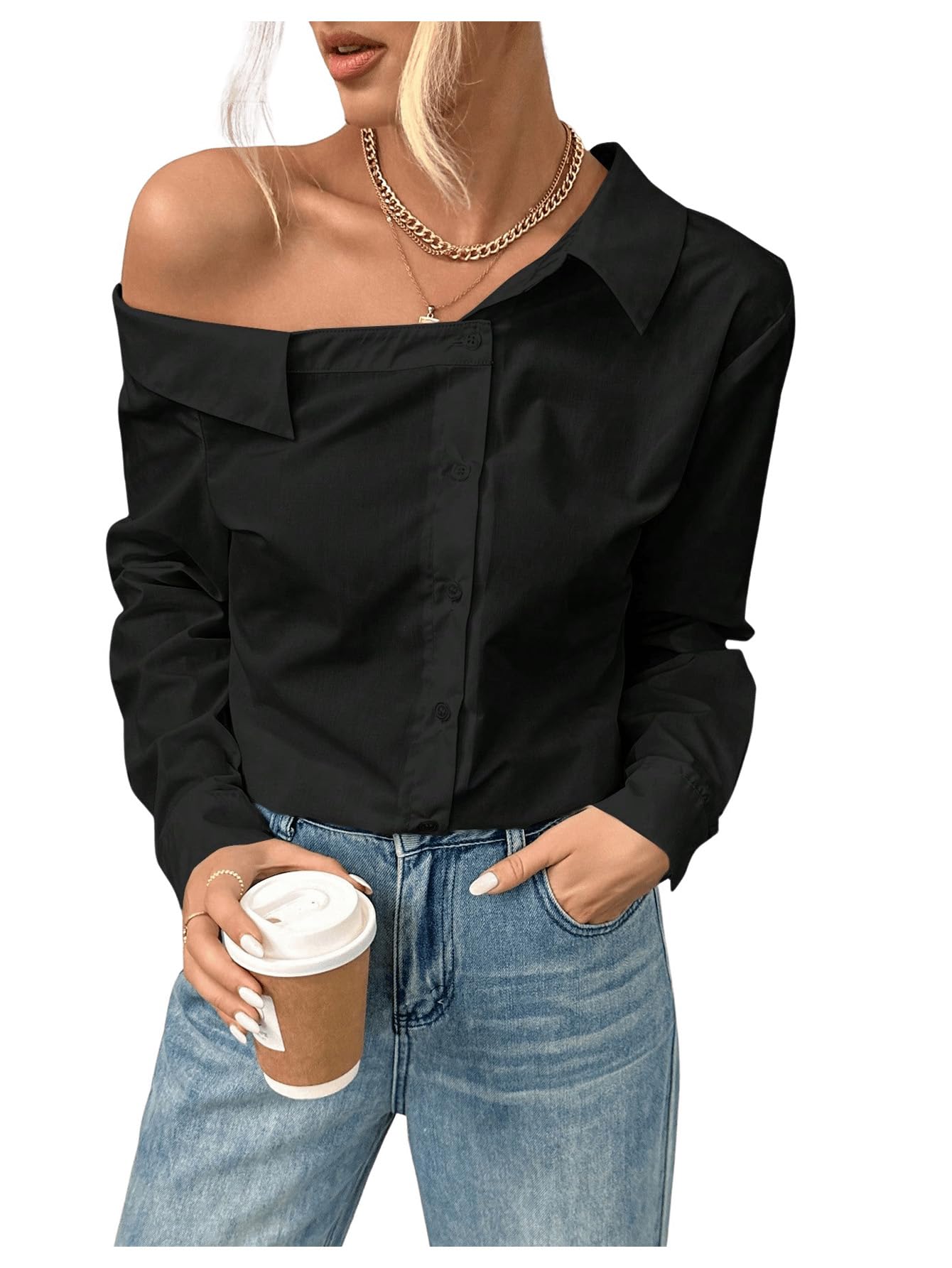 MakeMeChic Women's One Shoulder Button Down Collared Long Sleeve Trendy Blouse Top | Elegant Office Wear & Night Out Fashion | Perfect for Business Casual, Date Night & Special Occasions