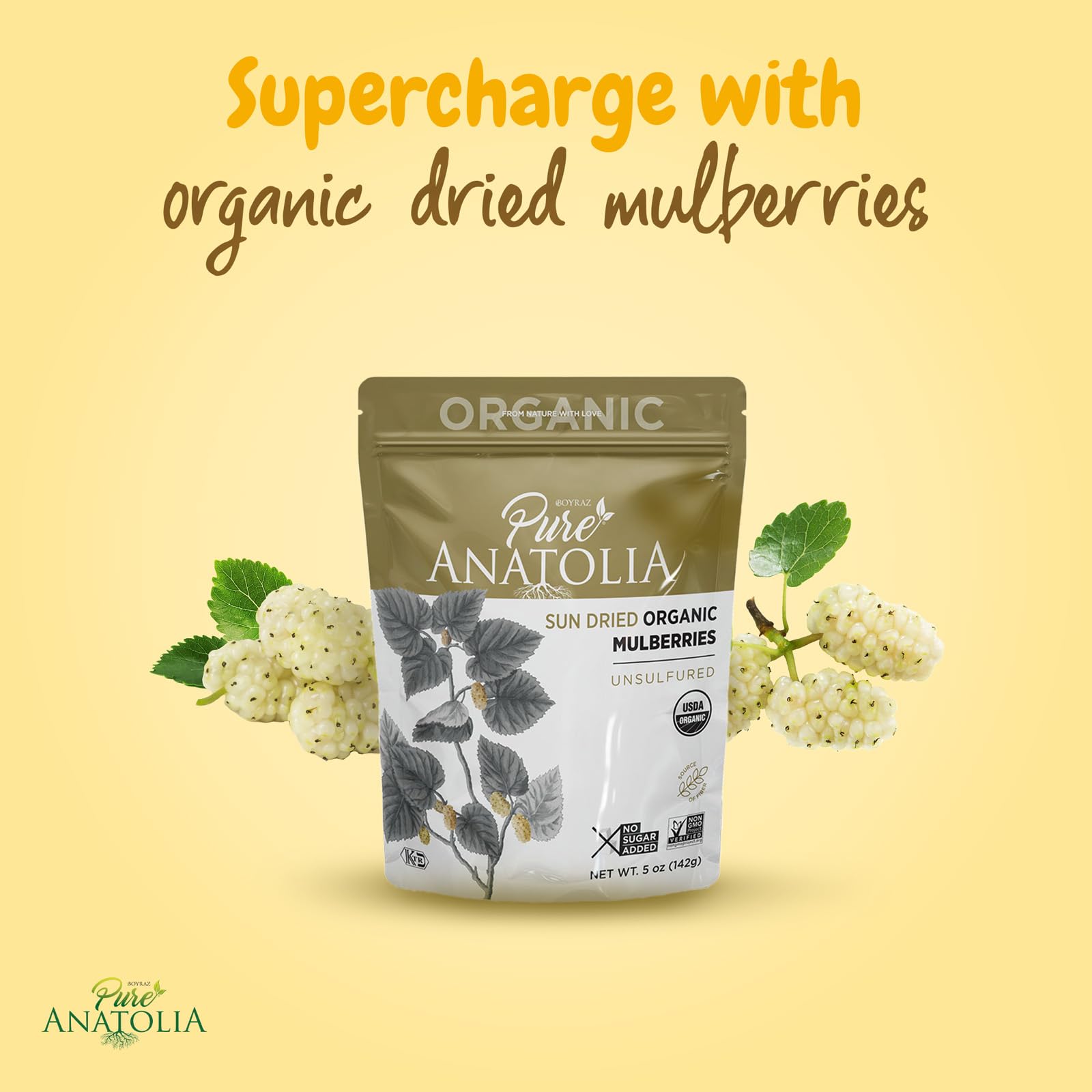Organic Sun Dried White Mulberries - Healthy Fiber Snacks for Hiking & Baking