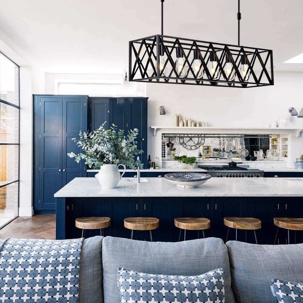 Vintage Industrial Pendant Light - 6-Light Black Metal Kitchen Island Lighting Fixture with Open Frame Shade (Bulbs Not Included) - Perfect for Farmhouse, Loft & Restaurant Dining Areas